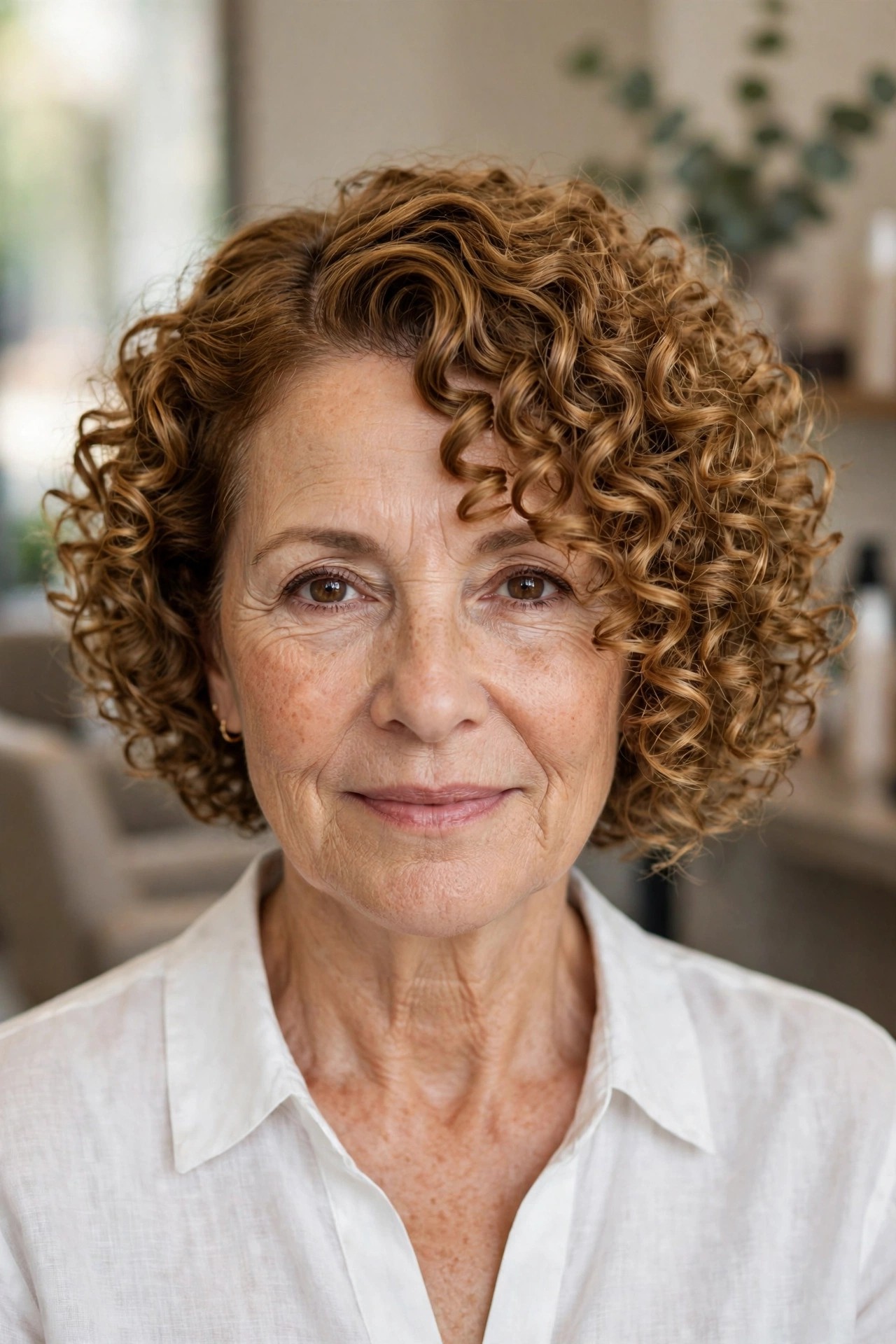 Side-Parted Curly Bob - short curly haircut for a woman over 50 that is easy to manage
