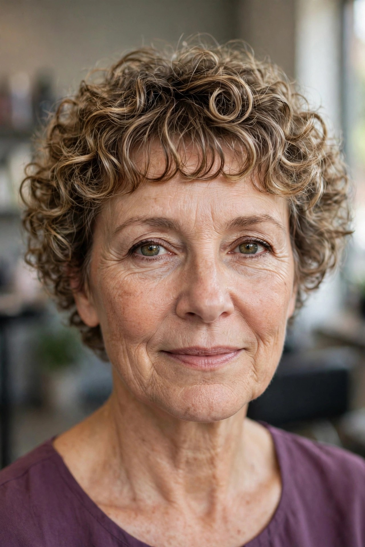 Curly Crop with a Soft Curly Fringe - short curly haircut for a woman over 50 that is easy to manage