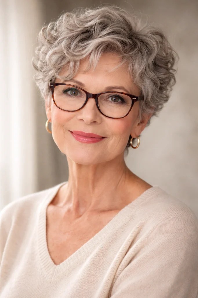 Short Curls and Bold Frames — short curly haircut on a woman over 70, easy to care for