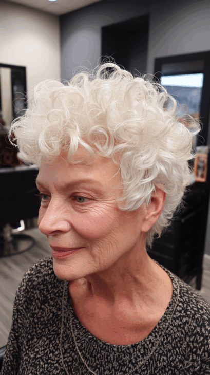 The Soft White Curly Halo — short curly haircut on a woman over 70, easy to care for