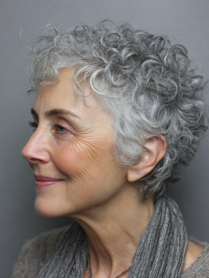 The Short Silver Curl Cut in Profile — short curly haircut on a woman over 70, easy to care for