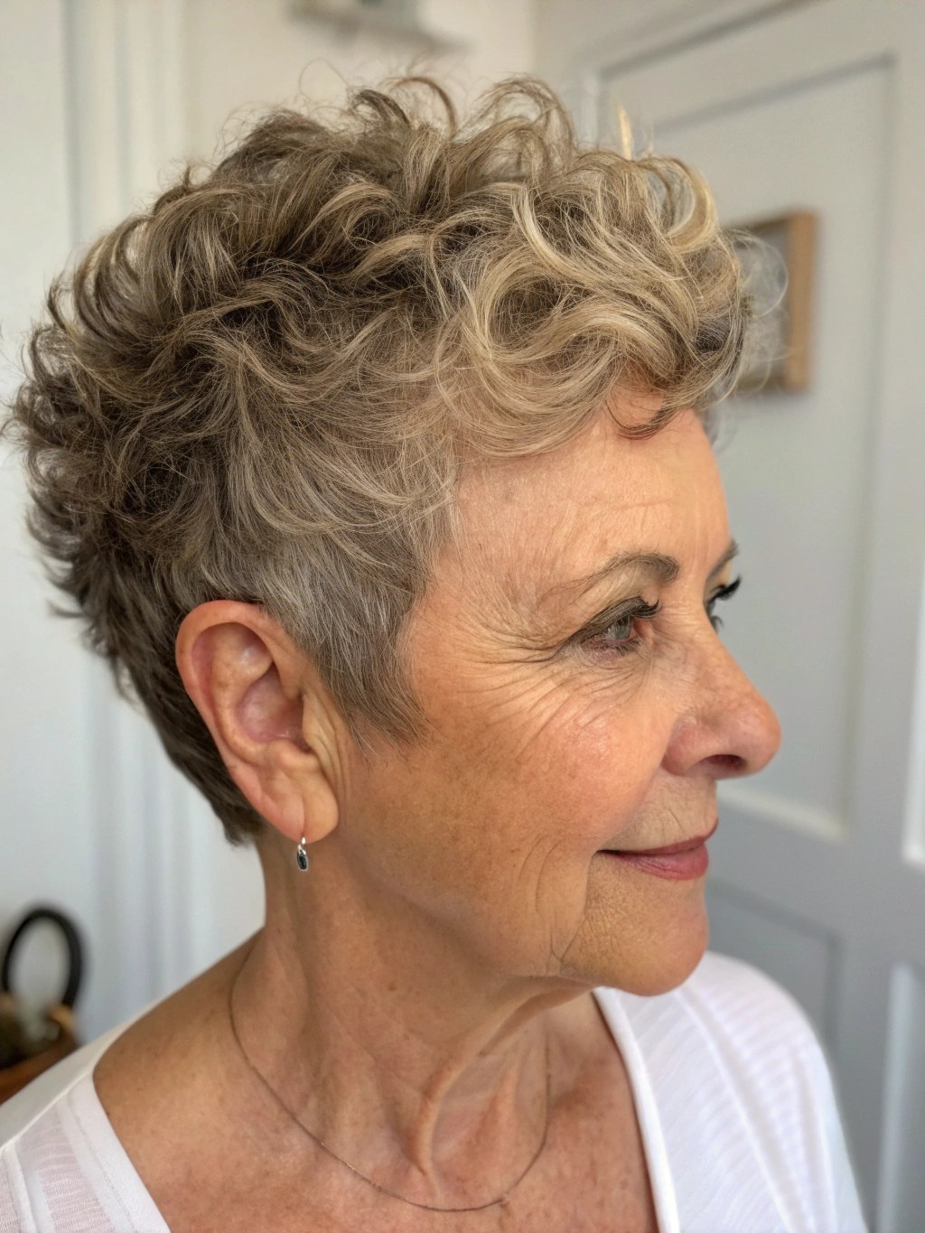 The Golden-Gray Curly Pixie — short curly haircut on a woman over 70, easy to care for