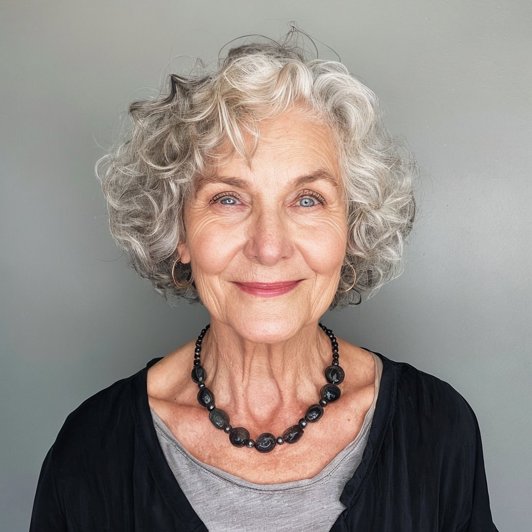 The Polished White Curly Bob — short curly haircut on a woman over 70, easy to care for
