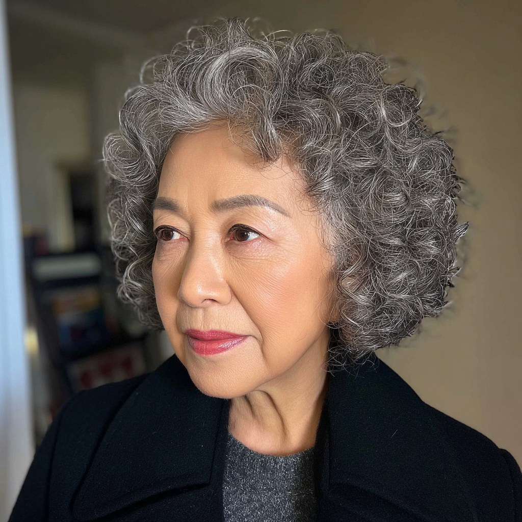 The Full Gray Curly Bob — short curly haircut on a woman over 70, easy to care for