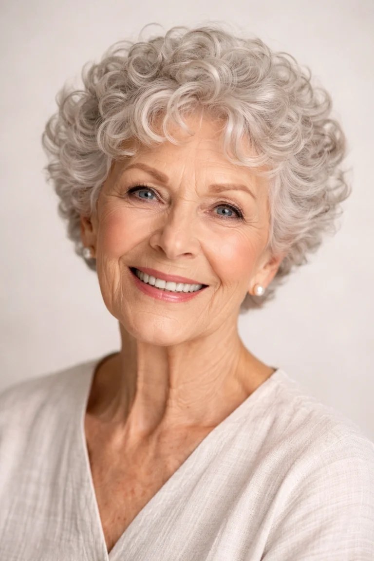 Snow-White Curls With a Smile — short curly haircut on a woman over 70, easy to care for