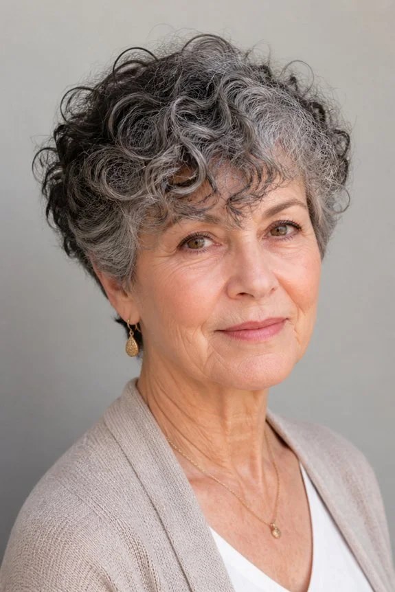 The Charcoal-and-Silver Short Curl Cut — short curly haircut on a woman over 70, easy to care for