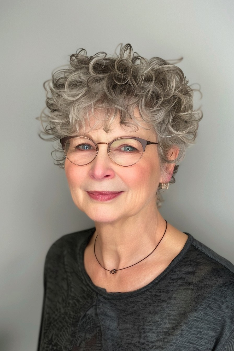 Short Gray Curls That Sit Neatly With Glasses — short curly haircut on a woman over 70, easy to care for