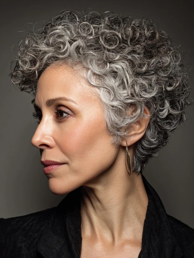 The Salt-and-Pepper Curly Pixie in Profile — short curly haircut on a woman over 70, easy to care for