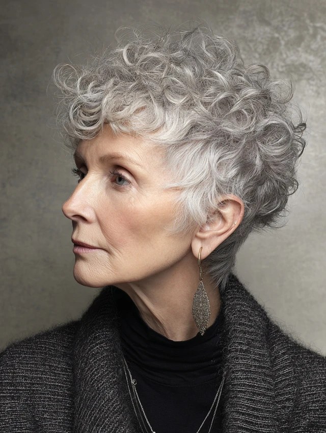The Tapered Curly Pixie — short curly haircut on a woman over 70, easy to care for