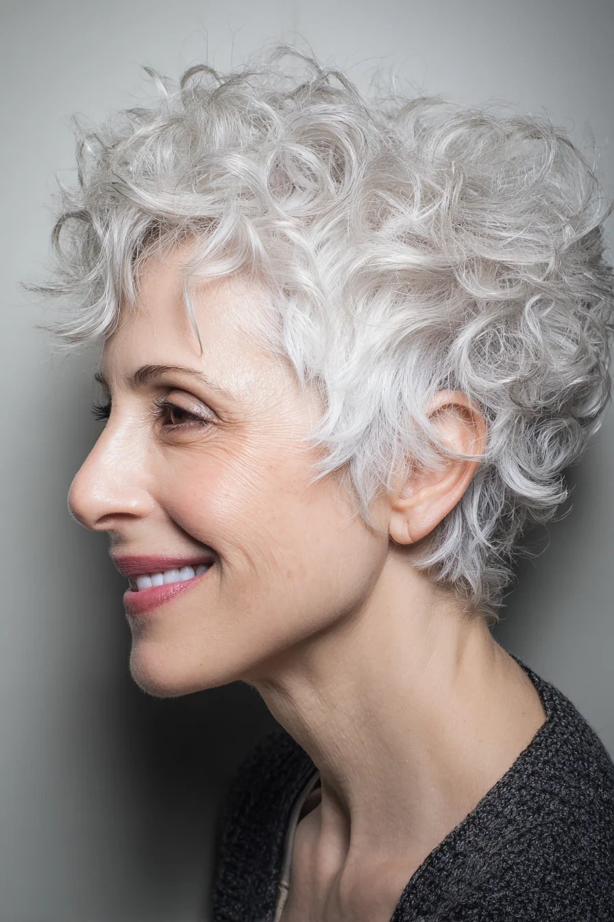 The White Curly Pixie With Height on Top — short curly haircut on a woman over 70, easy to care for