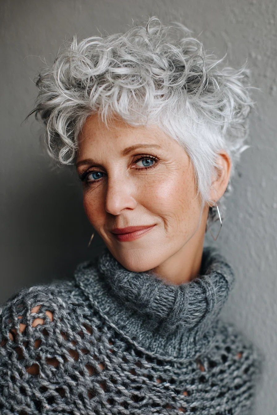 The Feathered White Curly Crop — short curly haircut on a woman over 70, easy to care for