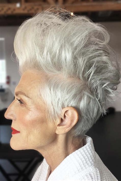 Woman over 70 with a swept-up pixie in profile — short easy haircut for women over 70