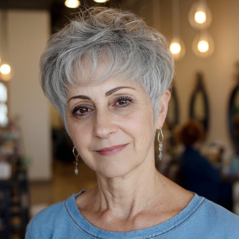 Woman over 70 with a easy textured gray crop — short easy haircut for women over 70