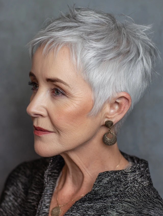 Woman over 70 with a sleek silver pixie in profile — short easy haircut for women over 70