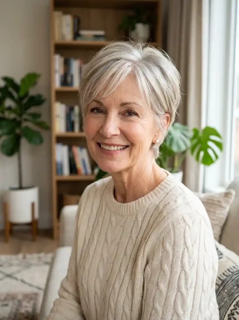 Woman over 70 with a neat fringed crop for every day — short easy haircut for women over 70