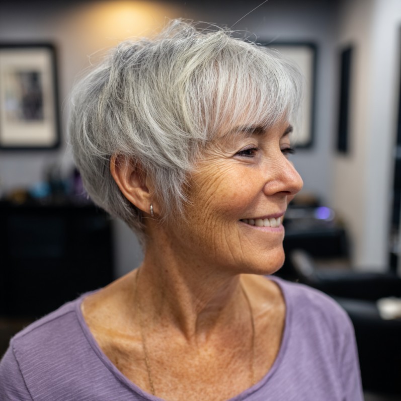 Woman over 70 with a layered crop that air-dries well — short easy haircut for women over 70