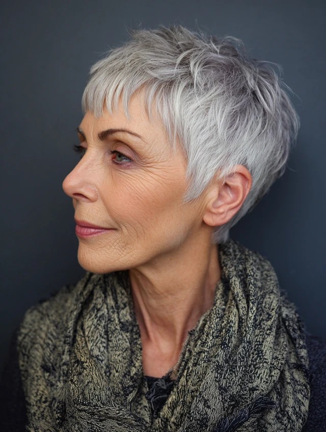 Woman over 70 with a clean tapered pixie in profile — short easy haircut for women over 70