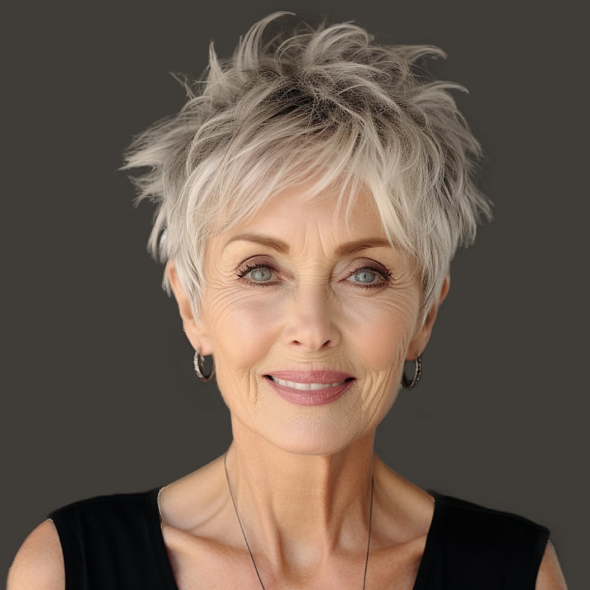 Woman over 70 with a tousled blonde-silver pixie — short easy haircut for women over 70