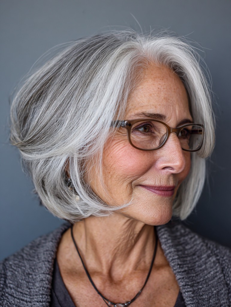 Woman over 70 with a long-layered silver bob — short easy haircut for women over 70