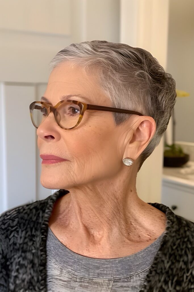 Woman over 70 with a simple silver crop in profile — short easy haircut for women over 70
