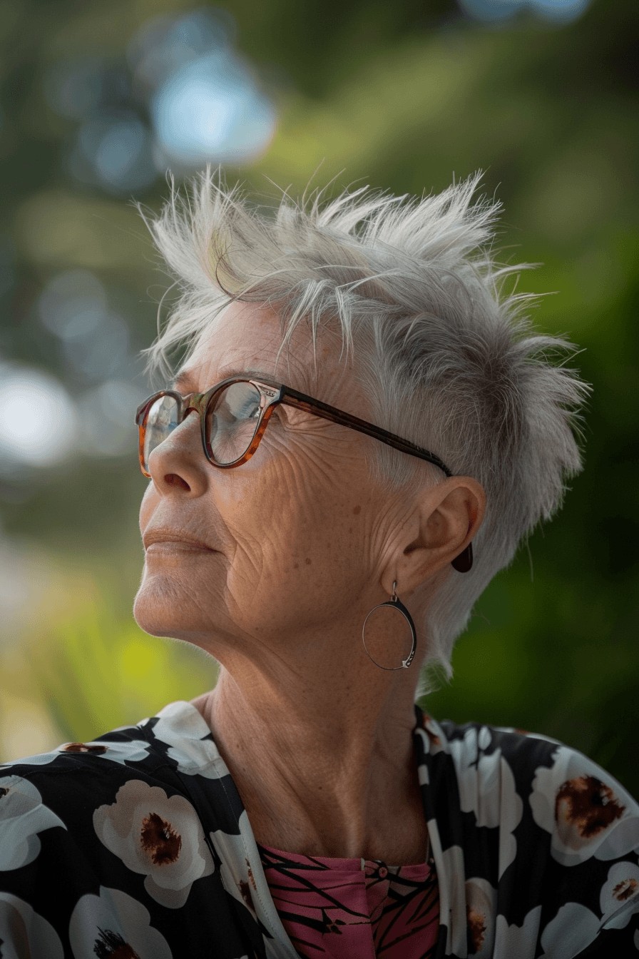 Woman over 70 with a spiky pixie worn with glasses — short easy haircut for women over 70