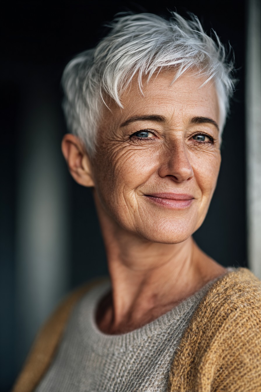 Woman over 70 with a no-fuss silver crop — short easy haircut for women over 70
