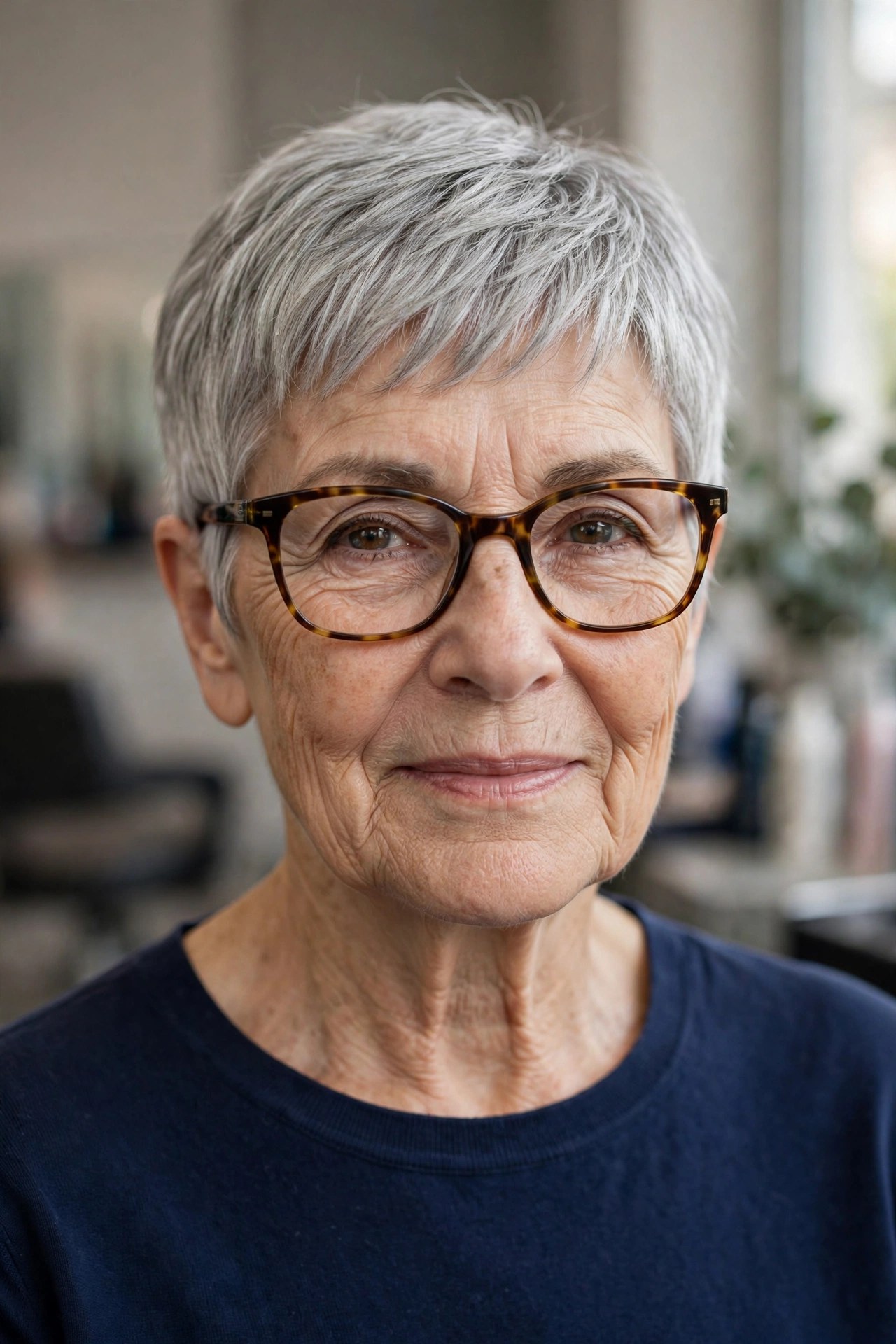 Classic Silver Pixie with Tortoise Frames - short gray haircut on a woman over 60 wearing glasses