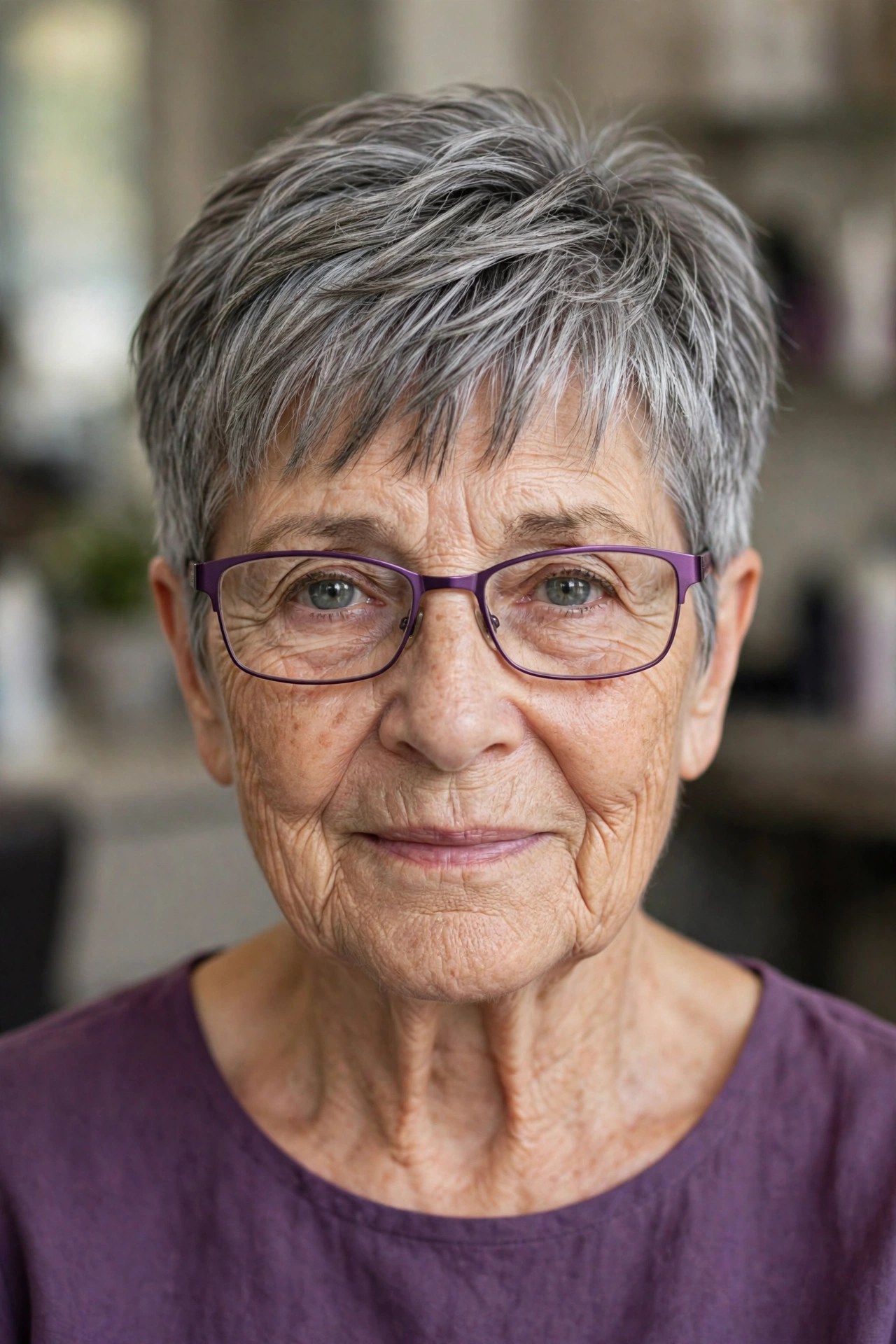 Textured Gray Pixie with a Longer Top and Purple Frames - short gray haircut on a woman over 60 wearing glasses