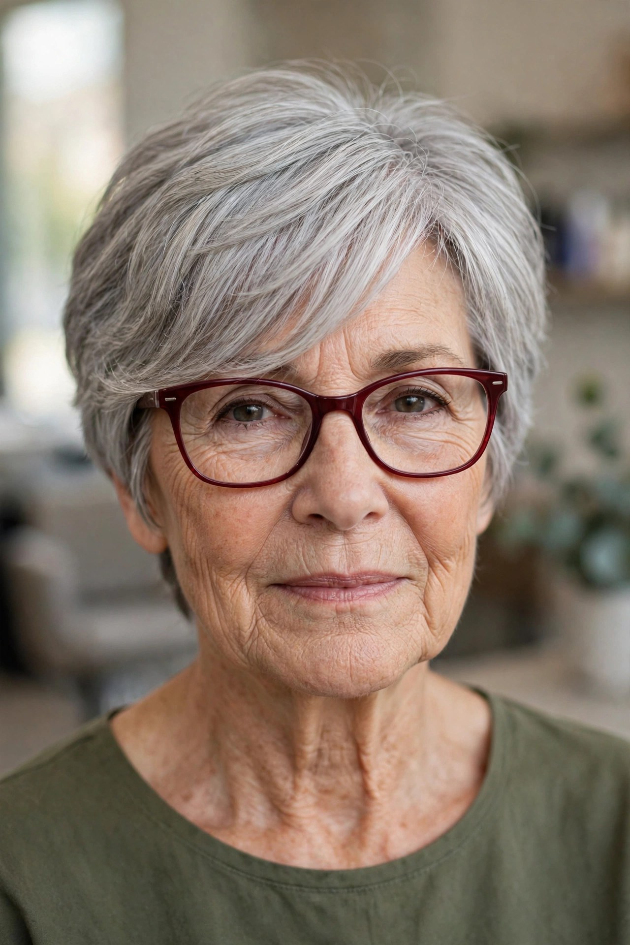 Layered Gray Pixie with a Side-Swept Fringe and Burgundy Frames - short gray haircut on a woman over 60 wearing glasses
