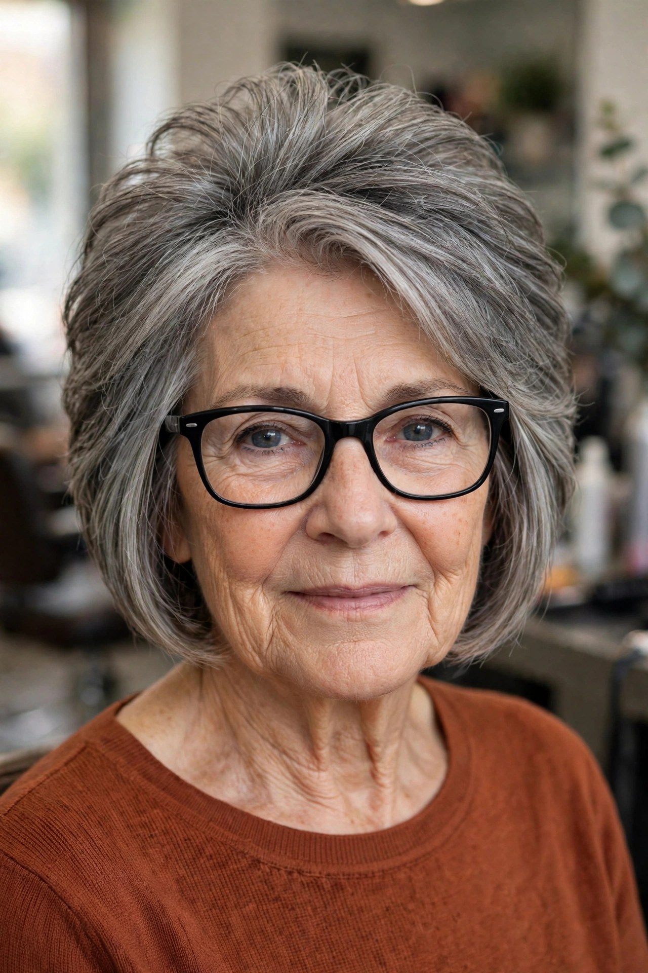 Stacked Gray Bob with Crown Volume and Classic Black Frames - short gray haircut on a woman over 60 wearing glasses