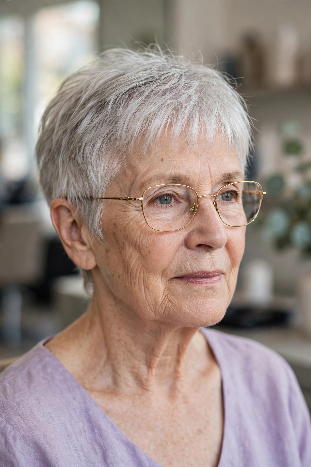 Wispy Gray Crop for Fine Hair with Thin Gold Frames - short gray haircut on a woman over 60 wearing glasses