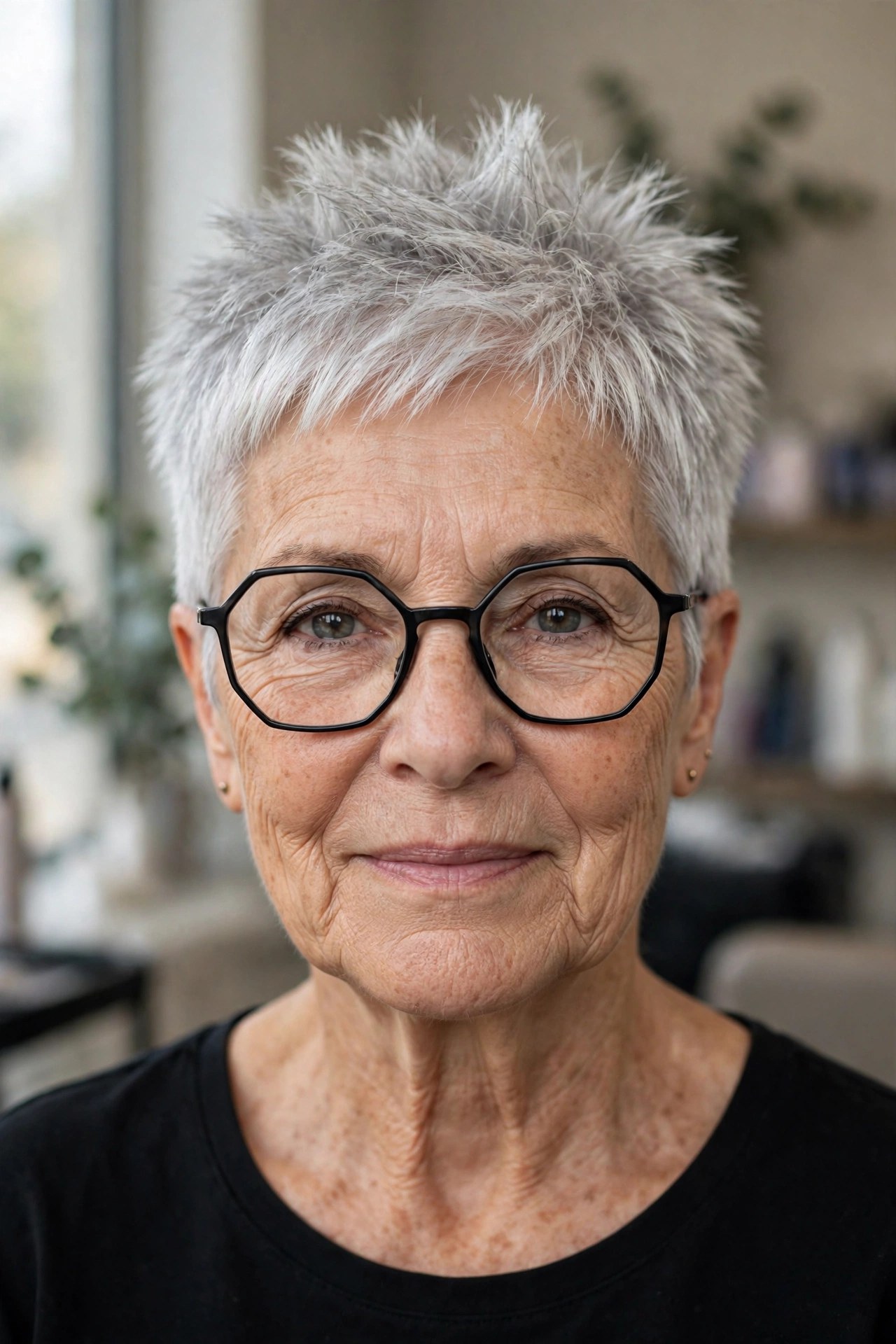 Spiky Silver Pixie with Geometric Frames - short gray haircut on a woman over 60 wearing glasses