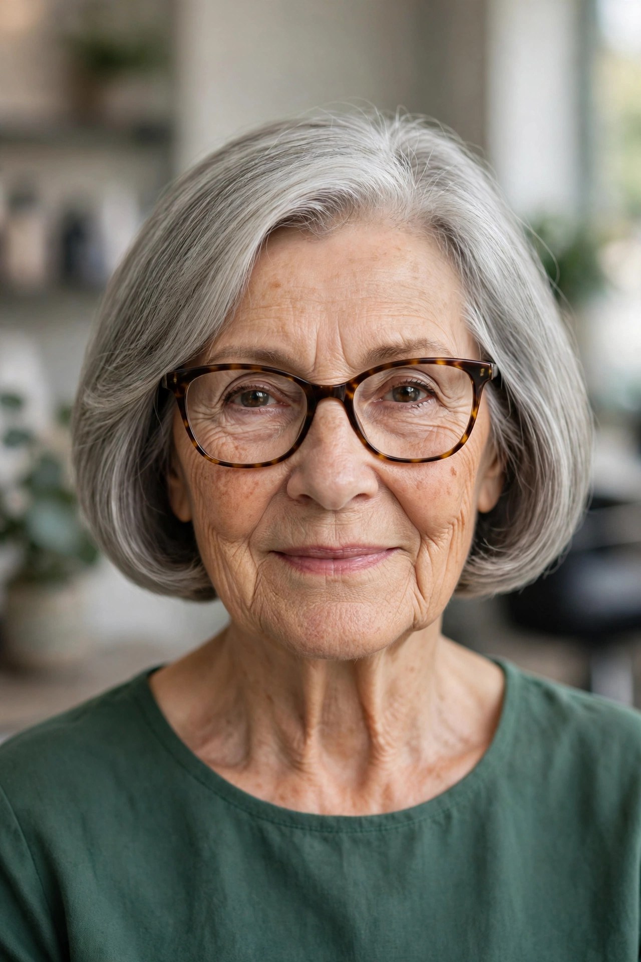 Soft Rounded Gray Bob with Tortoise Frames - short gray haircut on a woman over 60 wearing glasses