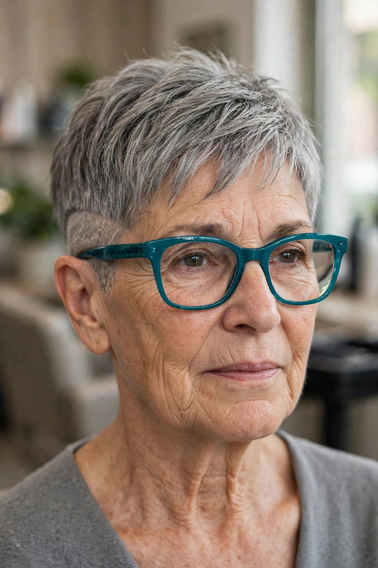 Gray Pixie with an Undercut and Bold Teal Frames - short gray haircut on a woman over 60 wearing glasses