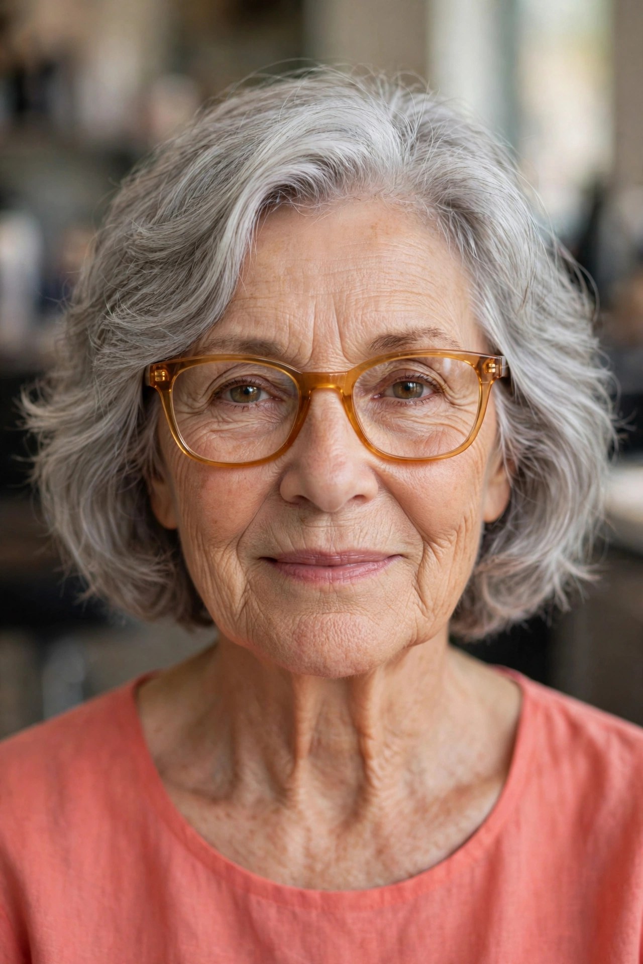 Short Wavy Gray Bob with Translucent Amber Frames - short gray haircut on a woman over 60 wearing glasses