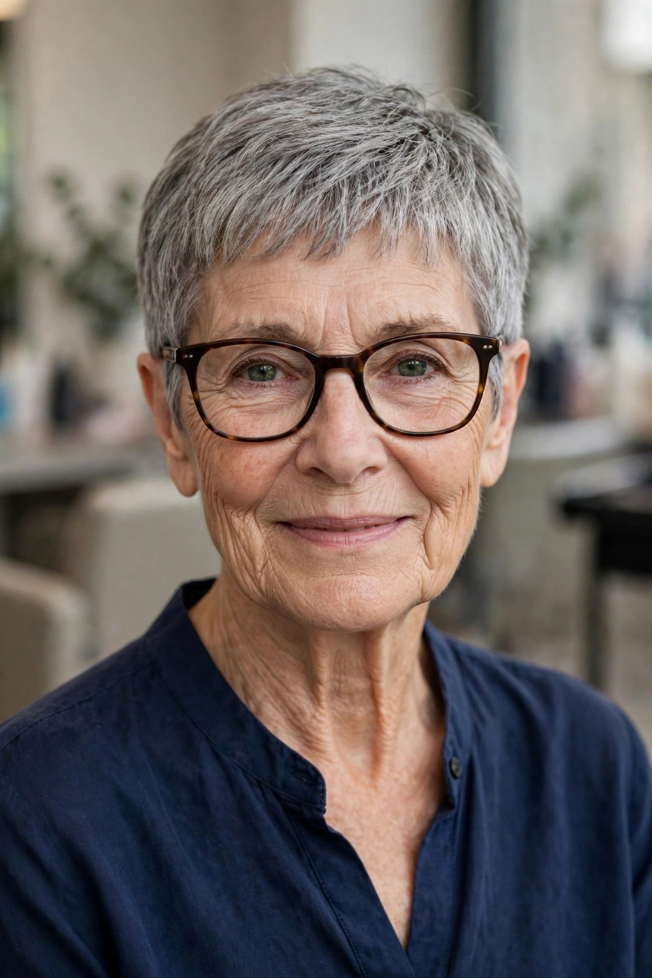 Neat Tapered Gray Pixie with Horn-Rim Frames - short gray haircut on a woman over 60 wearing glasses