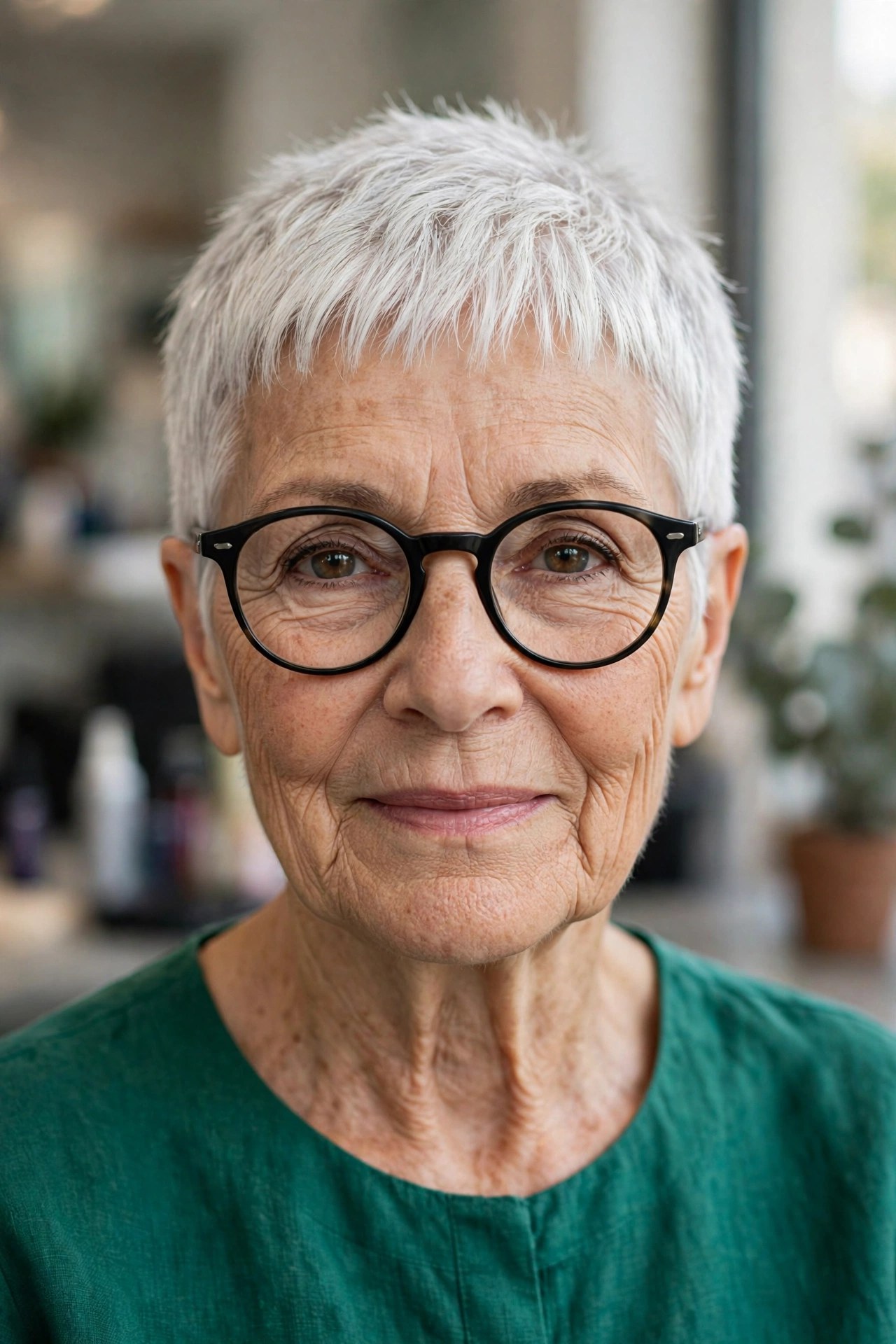 Bright White-Silver Crop with a Micro Fringe and Round Frames - short gray haircut on a woman over 60 wearing glasses