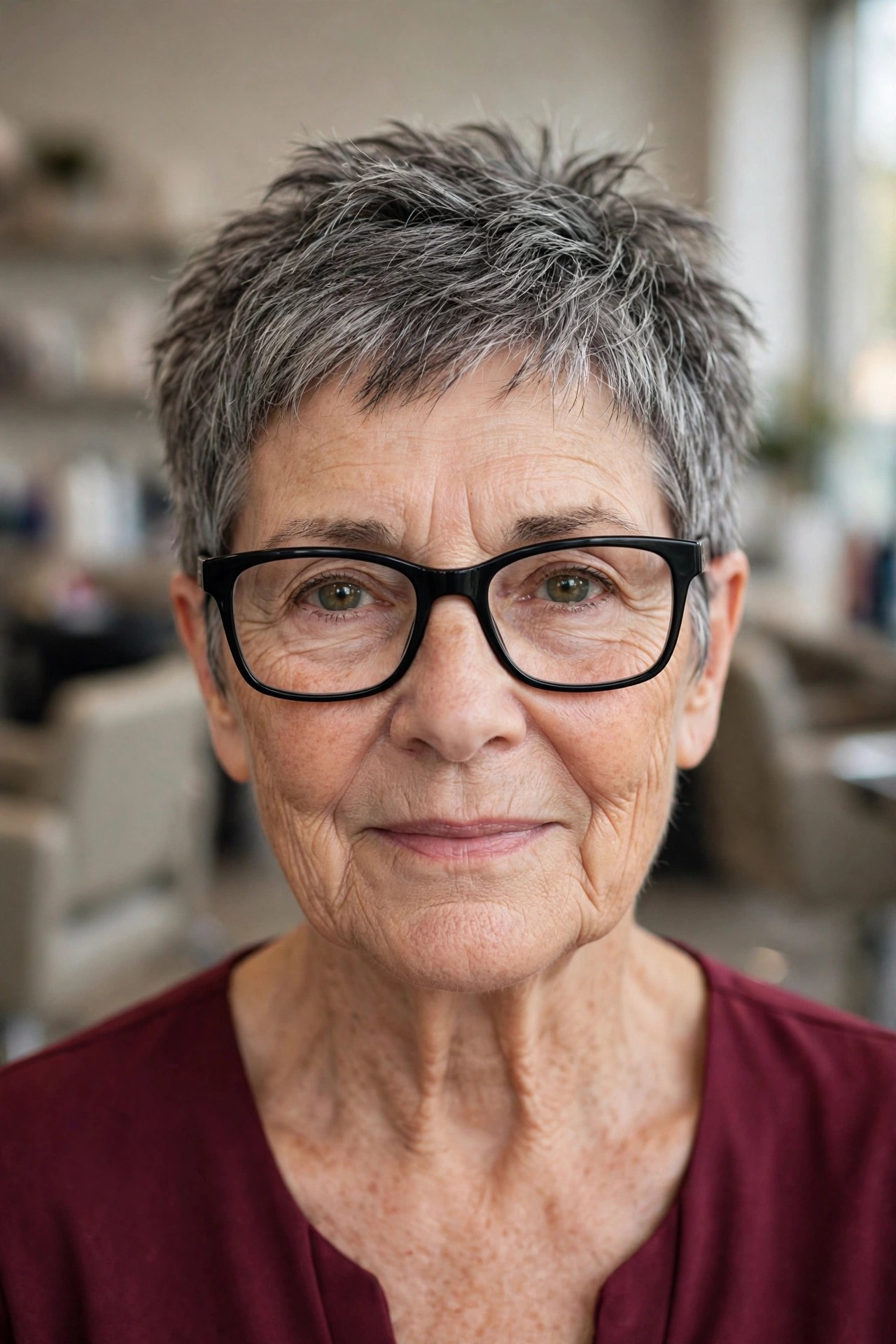 Choppy Salt-and-Pepper Pixie with Bold Black Frames - short gray haircut on a woman over 60 wearing glasses