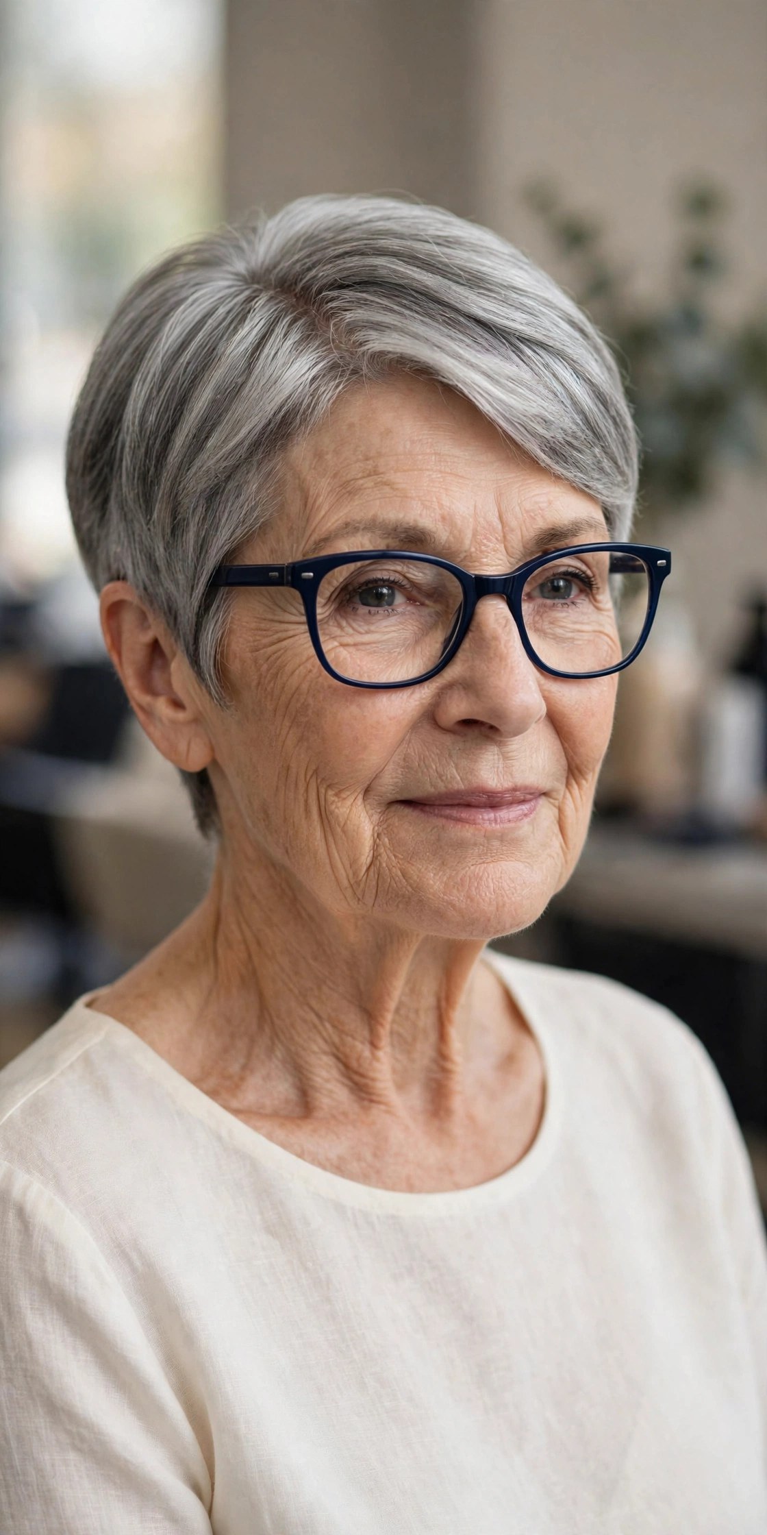 Polished Gray Pixie with a Deep Side Part and Navy Frames - short gray haircut on a woman over 60 wearing glasses