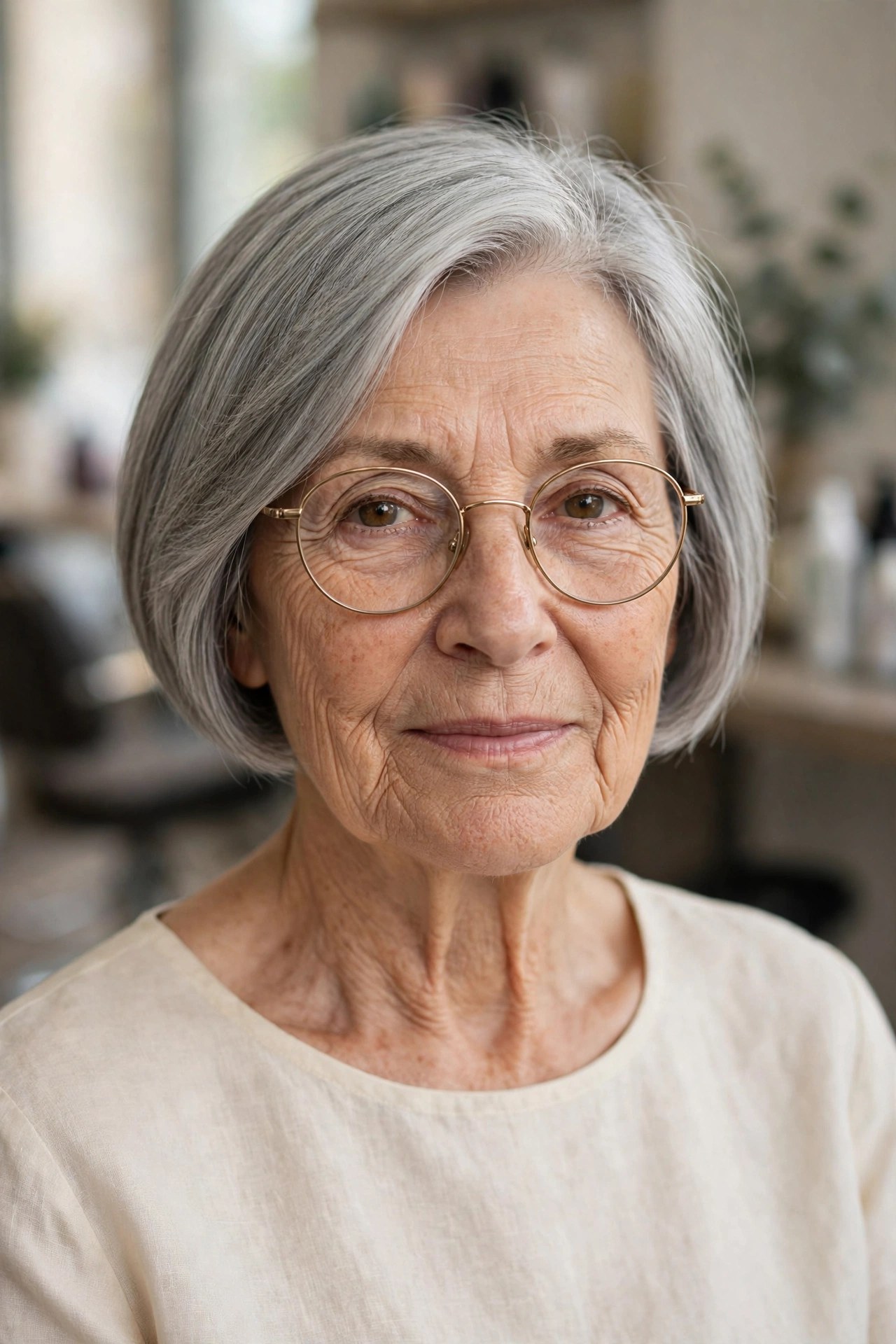 Cropped Gray Bob with a Side Part and Round Gold Frames - short gray haircut on a woman over 60 wearing glasses