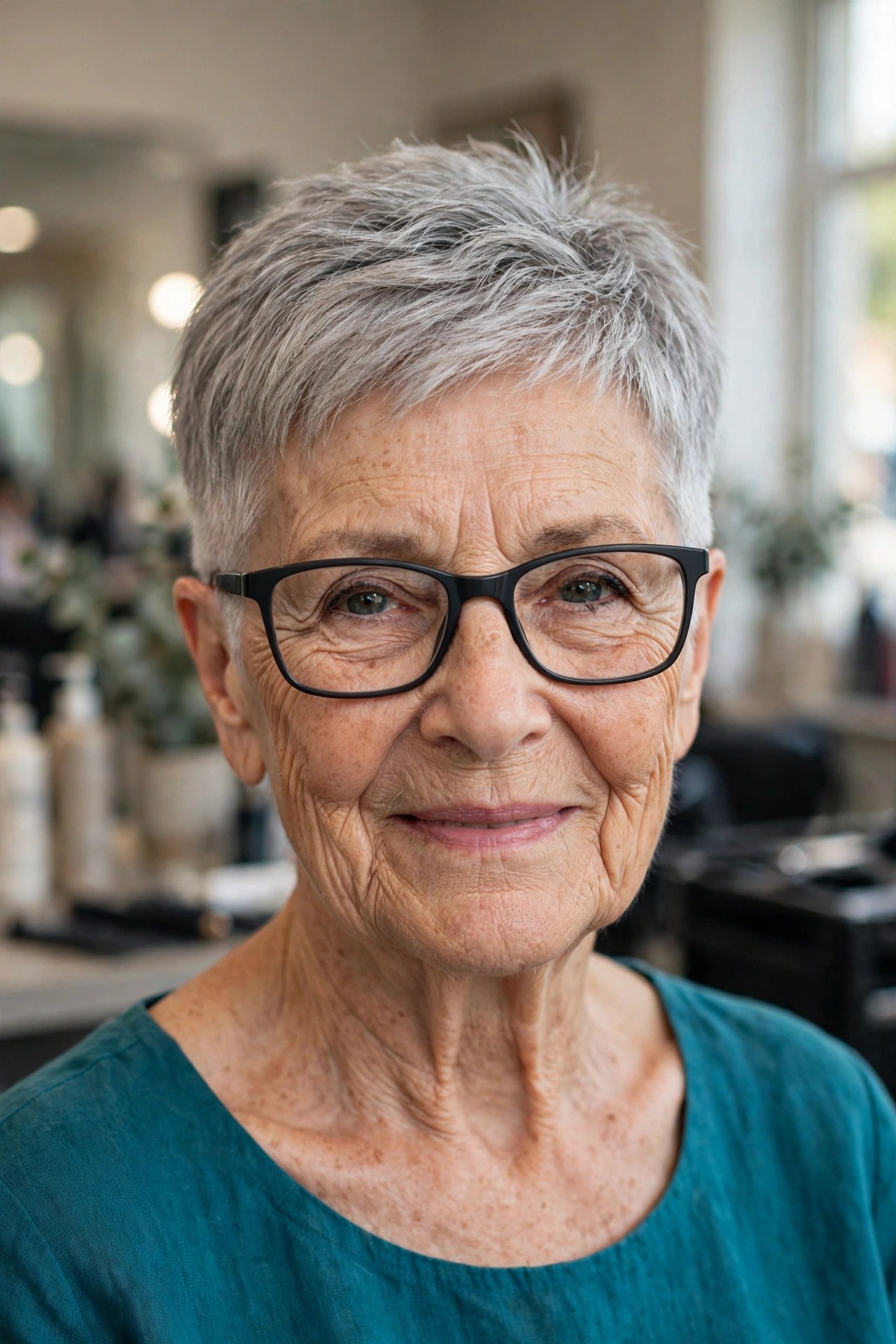 Tapered Silver Cut with Rectangular Black Frames - short gray haircut on a woman over 60 wearing glasses