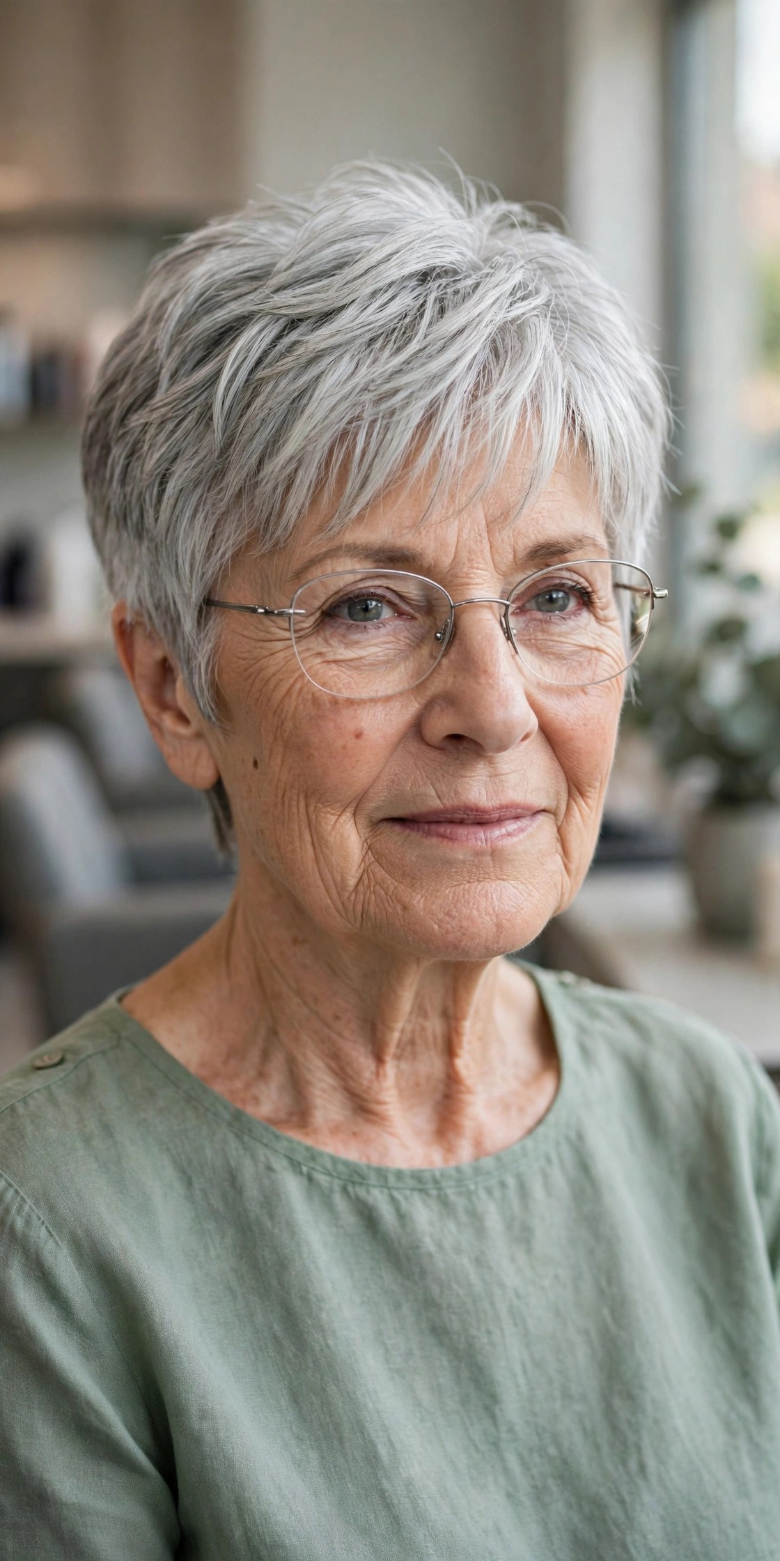 Feathered Gray Pixie with Wispy Bangs and Wire Frames - short gray haircut on a woman over 60 wearing glasses
