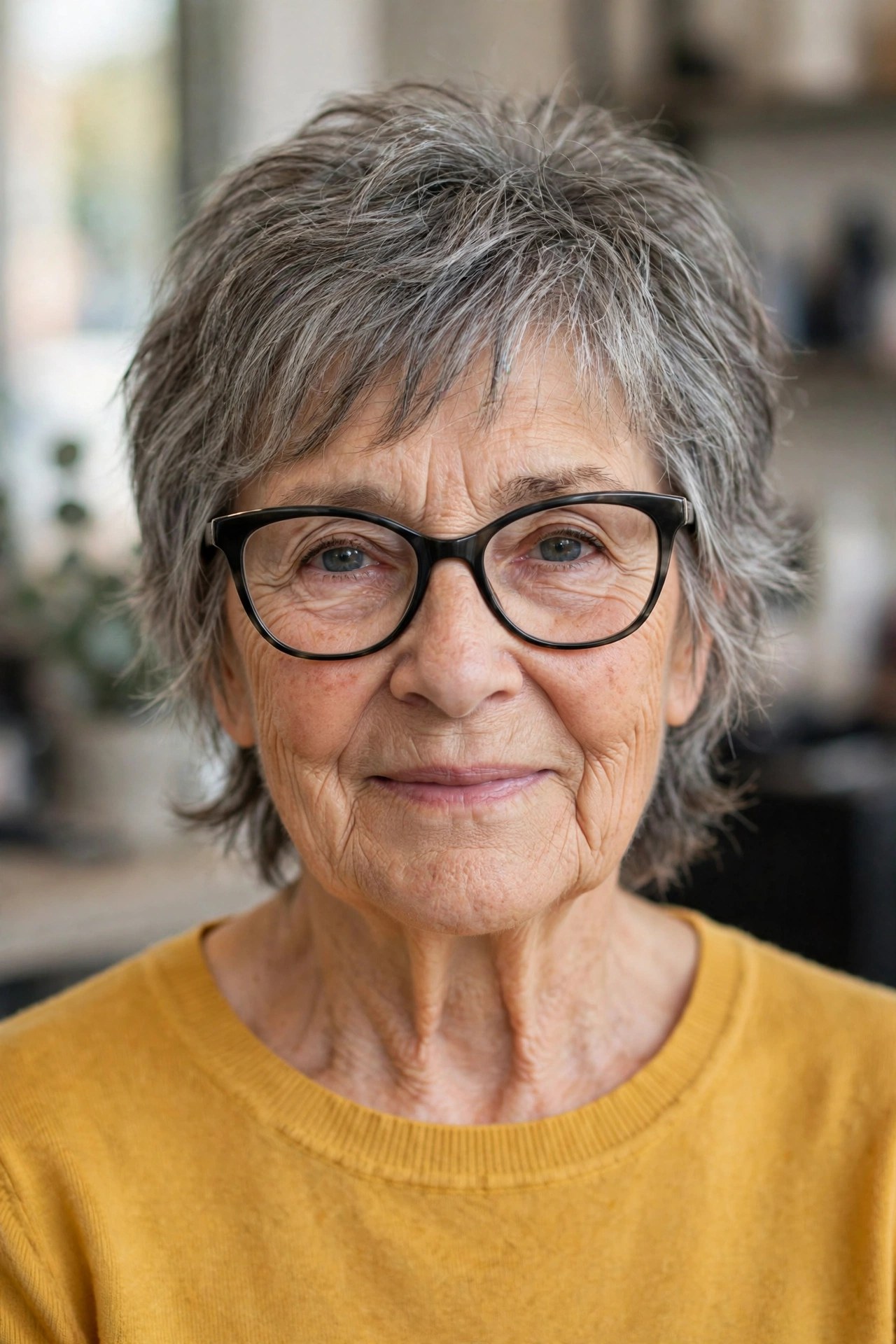 Short Gray Shag with Cat-Eye Frames - short gray haircut on a woman over 60 wearing glasses