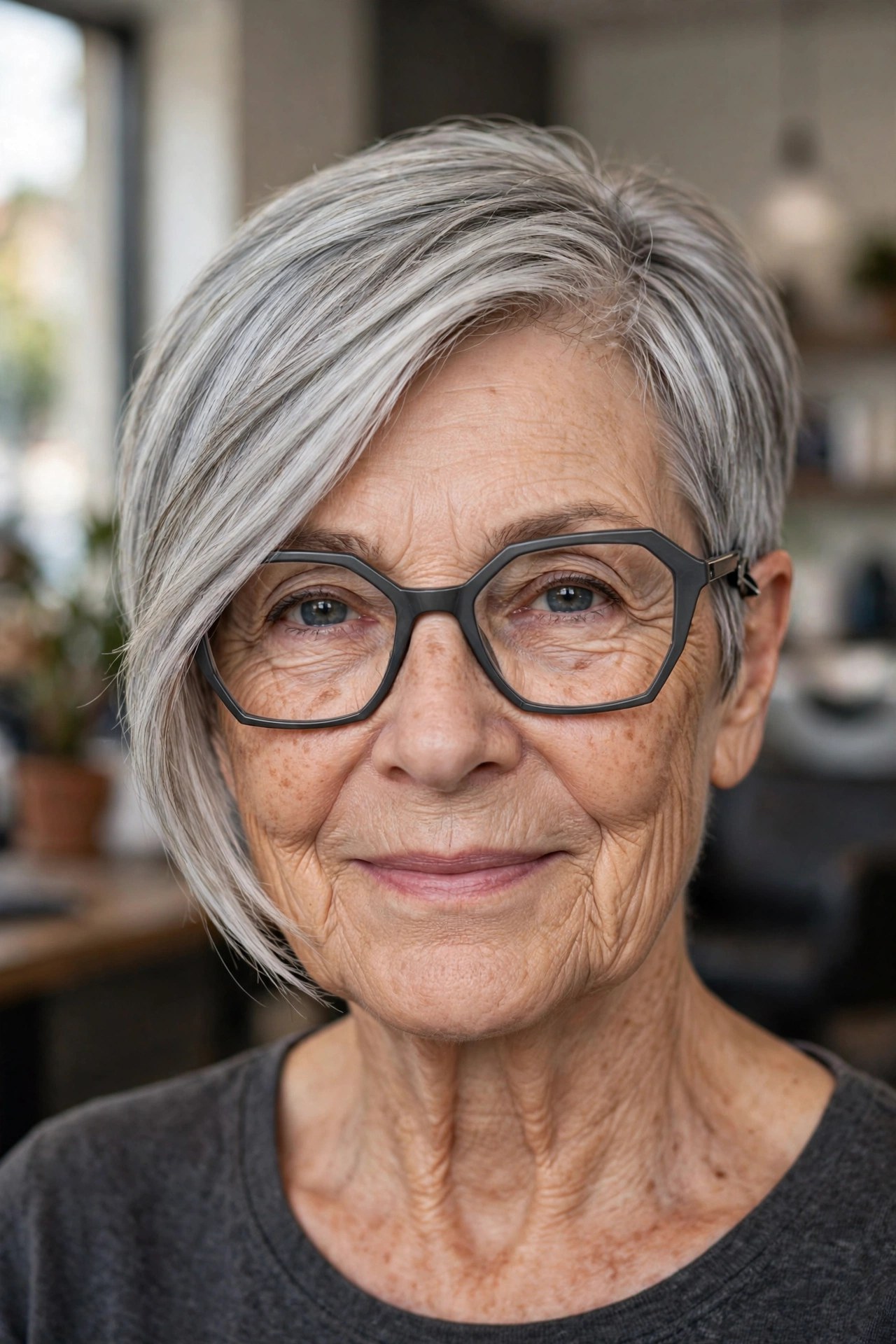 Asymmetric Silver Pixie-Bob with Geometric Frames - short gray haircut on a woman over 60 wearing glasses