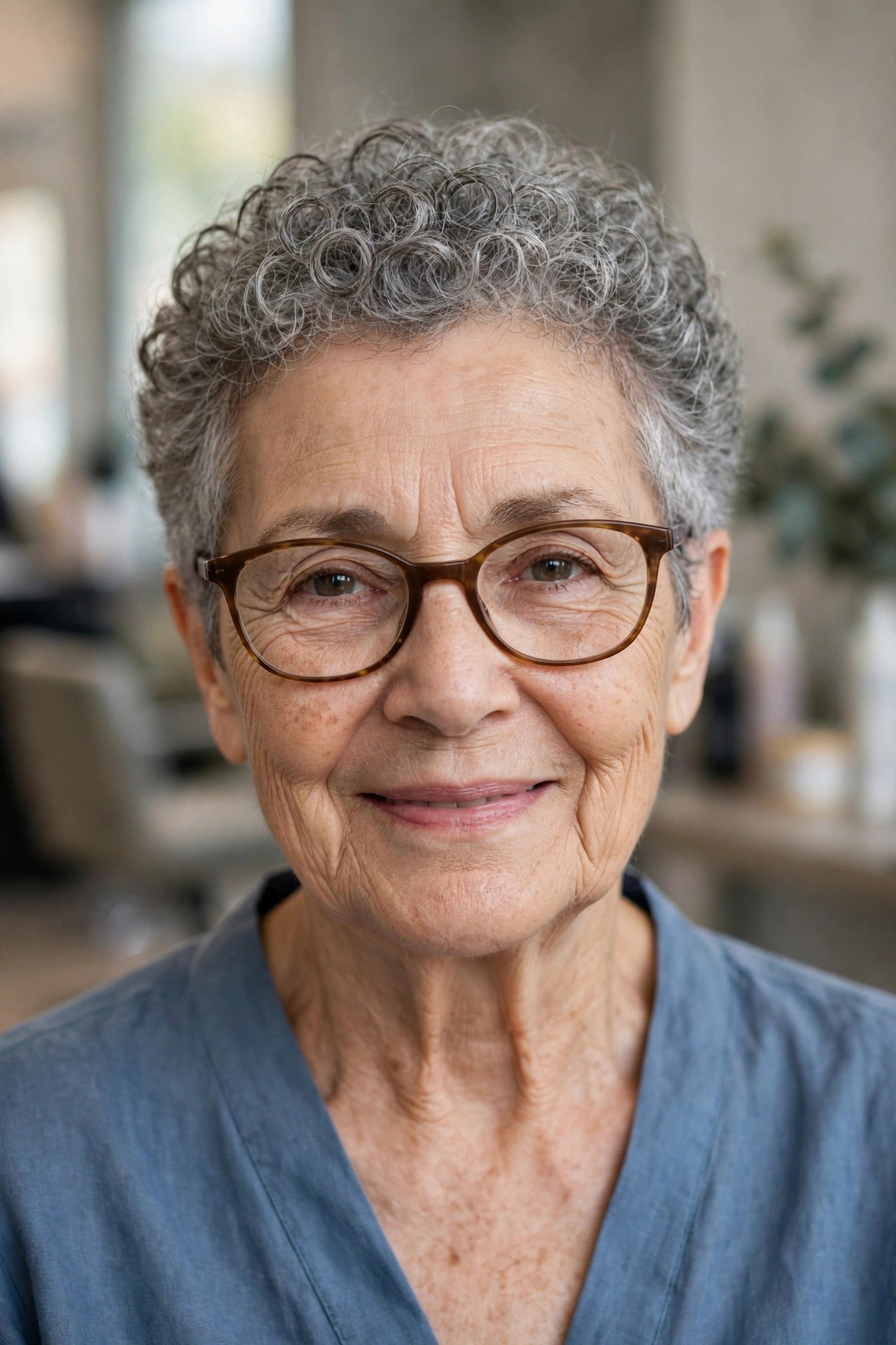Curly Gray Crop with Oval Tortoise Frames - short gray haircut on a woman over 60 wearing glasses