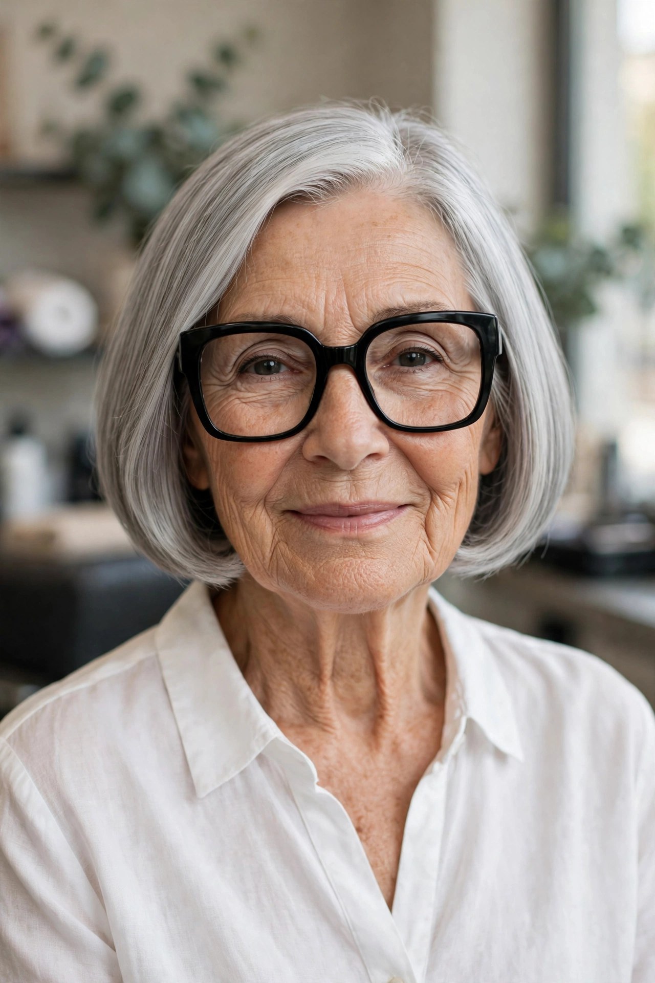 Sleek Gray French Bob with Oversized Square Frames - short gray haircut on a woman over 60 wearing glasses