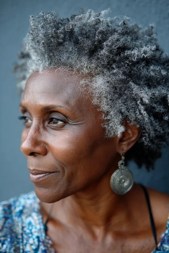 The Short Gray Afro Puff of Curls — short gray natural haircut on a Black woman over 70