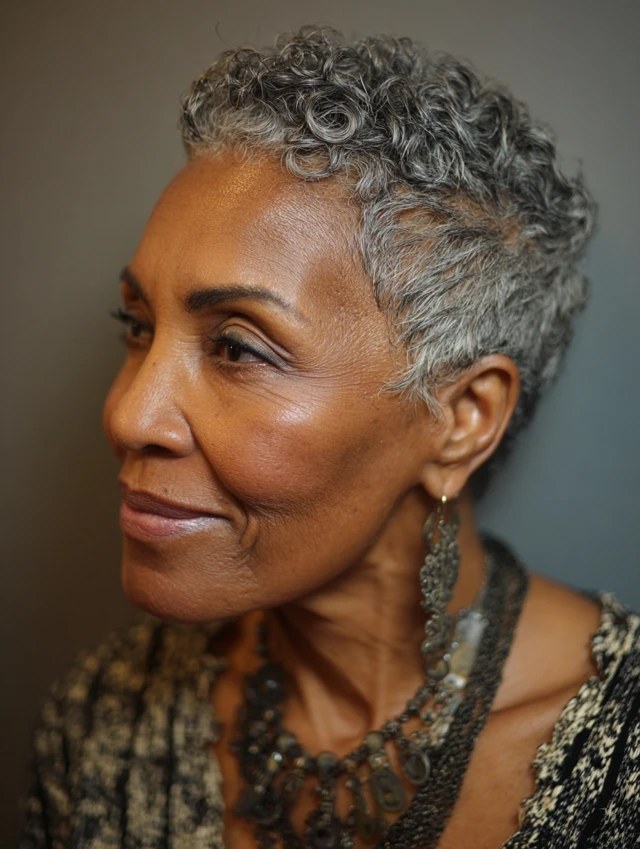 Short Gray Coils, Softly Defined — short gray natural haircut on a Black woman over 70