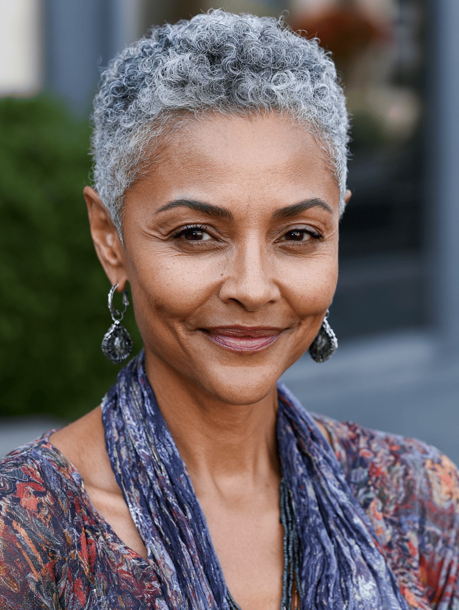 The Salt-and-Pepper Pixie Crop — short gray natural haircut on a Black woman over 70