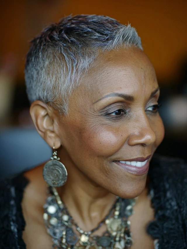 The Close Silver Pixie — short gray natural haircut on a Black woman over 70